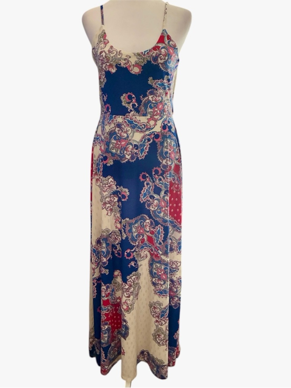 VENUS Navy, Cream and Red Paisley Spaghetti-Strap Maxi Dress size M
